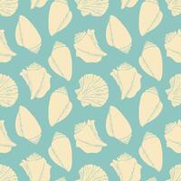 Marine atmosphere. Seamless pattern in pastel blue with silhouettes of shells, mollusks, scallops. vector