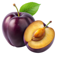 A vibrant image showcasing a whole plum and a halved plum revealing its juicy yellow flesh and brown pit png