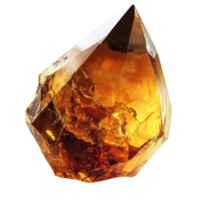 Translucent amber-colored mineral specimen with complex internal structure showcasing its unique facets and warm glowing hue against png