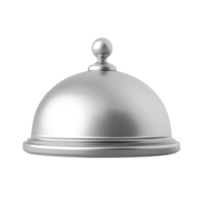 A sleek silver-colored serving cloche with a rounded dome and a small spherical handle on top isolated on a food protection png