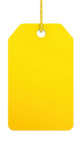 A minimalist yellow tag suspended by a string isolated against a backdrop Ideal for pricing or branding concepts Simple clean and bright png