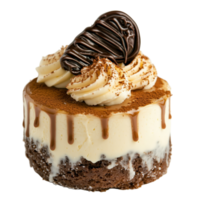 A delectable mini-cake with layers of creamy filling chocolate drizzle and delicate whipped cream rosettes dusted with cocoa powder png