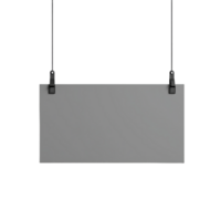 Hanging grey rectangle display with dark clips and thin strings Minimalist signage suitable for graphics or typography Isolated background png