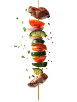 Skewered meat and vegetables create a colorful appetizing stack Against a backdrop herbs and spices are gently sprinkled around png