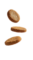 A trio of oat cookies float against a stark backdrop showcasing their rustic texture and warm inviting color Suspended treat png