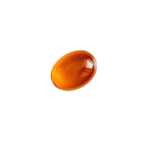 A single orange gel capsule sits on a stark its surface reflecting a sharp highlight indicative of a smooth glossy texture png