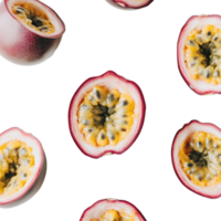Seamless pattern featuring halved passion fruits with visible seeds and a dark background The fruit's vibrant colors pop against the backdrop png