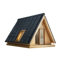 A-frame structure featuring solar panels on the roof promoting sustainable energy with natural light through a window and inviting doorway png