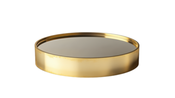 Elegant round tray with a reflective surface perfect for displaying decorative items The gold rim adds a touch of sophistication png