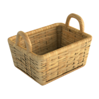 Wicker basket crafted from woven natural fibers showcasing a rustic charm with dual handles and a rectangular form ideal for storage png