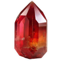 A striking red crystal specimen with sharp facets and a translucent quality beautifully displayed against a stark png