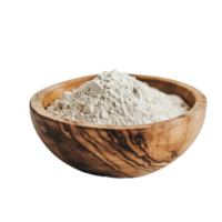 Wooden bowl filled with a heap of light-colored fine powder against a transparent backdrop Minimalist composition ideal for various applications png