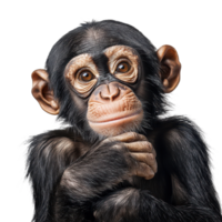 Introspective chimpanzee portrait with hand to chin set against a clear backdrop showing its thoughtful expression An adorable primate photo png