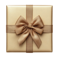 A square gift box wrapped in gold paper topped with a large gold ribbon bow on a transparent background for festive occasions png