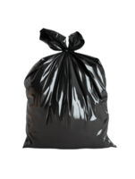 A sleek glossy plastic bag It is filled and tied off at the top set against a transparent backdrop ready for disposal or recycling png