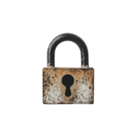 Worn metallic padlock with visible signs of rust and age against a stark backdrop Security concept vintage aesthetic png