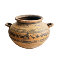 Handcrafted clay pot with geometric patterns featuring small handles on a transparent background Ancient vessel design png