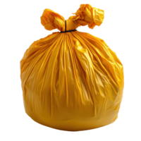 Bright yellow plastic garbage bag tied at the top isolated on a transparent backdrop ready for waste collection and disposal png