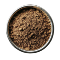 Brown powder fills a silver-rimmed container against a The fine particles create a dense uniform texture png