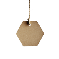 Isolated hexagon tag made of blank fiberboard hanging from a rope with a dark background ideal for customizing or showcasing messages png