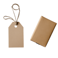 A minimalistic shot featuring a kraft tag with string and a small kraft gift box on a transparent background ideal for product mockups png