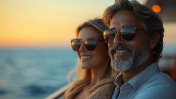 A man and woman wearing sunglasses on a boat photo