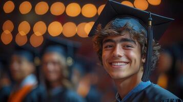 A young man in a graduation cap and gown smiling photo