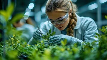 A woman in a lab coat is looking at plants photo