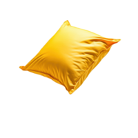 Isolated yellow pillow The pillow is square and isolated on a The fabric has a shiny smooth appearance with visible creases png