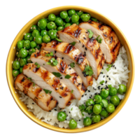 Grilled chicken and pea bowl with rice A delicious and nutritious meal Top view isolated on in a yellow bowl png