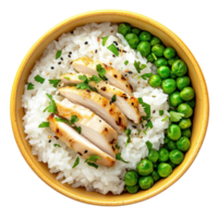 A bowl of rice grilled chicken and peas Garnished with herbs and sesame seeds on a transparent background Nutritious and flavorful png