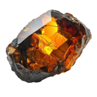 Captivating close-up of a multifaceted amber gemstone exhibiting sharp edges and a warm internal glow against a stark png