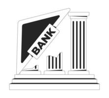 Collapsing bank structure with tilted sign, broken pillars 2D line object. Economic failure. Falling institution architecture isolated clipart ink outline item. Monochrome spot illustration vector