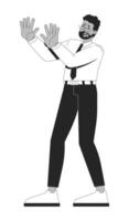 Frightened african american businessman in defensive stance 2D line character. Black male office worker with hands raised in fear isolated ink outline person. Monochromatic spot illustration vector