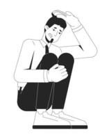 Anxious businessman in crouching position 2D line character. Burnout, emotional pressure. Worried caucasian male office worker isolated ink outline person. Monochromatic spot illustration vector