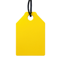 A vibrant yellow tag with a cord isolated on a transparent backdrop ready for pricing or labeling Simple clean design png