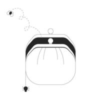 Empty coin purse with dangling spider and bug flying away 2D line object. Poverty, financial hardship. Money trouble wallet isolated clipart ink outline item. Monochrome spot illustration vector