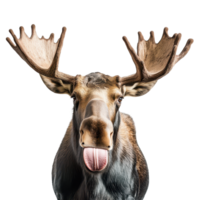 Humorous moose portrait against a transparent backdrop Majestic antlers contrast with the playful tongue-out gesture Wildlife charisma redefined png