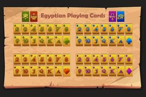 Egyptian Full deck of playing cards. Set with isolated golden cards for Poker or Solitaire game UI on paper or scroll background. Each card on a separate layer. vector