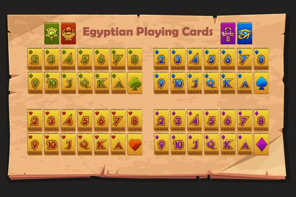 Egyptian Full deck of playing cards. Set with isolated golden cards for Poker or Solitaire game UI on paper or scroll background. Each card on a separate layer.