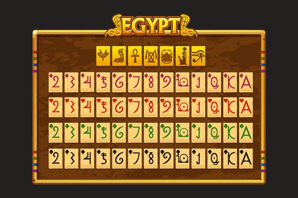 Egyptian Full deck of playing cards on Border in Egyptian themed. Background for game, slots, solitaire or game assets. Egyptian game frame. Each card on a separate layer.