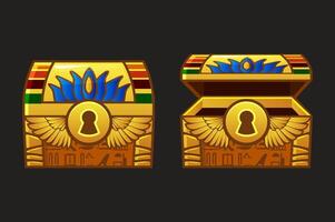 Closed and open Egyptian treasure chest. cartoon illustration of ancient golden safe box decorated with wings sign and lotus symbols. Adventure game ui props vector