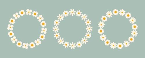 Groovy flower circle frame set. Floral simple circle frame. Hand drawn botanical round border, laurel, wreath with flowers illustration for wedding invitation, card, logo vector