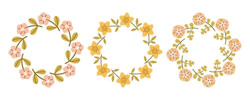 Spring flower circle frame set. Floral circle frame. Hand drawn botanical round border, laurel, wreath with branches, leaves and flowers illustration for wedding invitation, card, logo vector