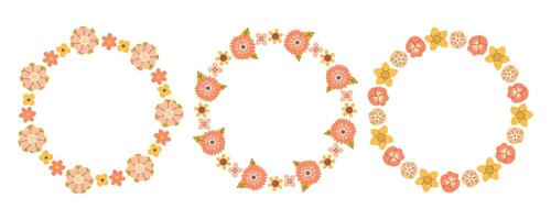 Spring pink flower circle frame set. Floral circle frame. Hand drawn botanical round border, laurel, wreath with branches, leaves and flowers illustration for wedding invitation, card, logo vector