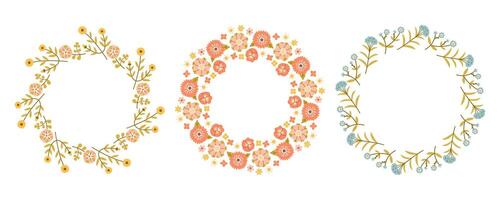 Simple spring flower circle frame set. Floral circle frame. Hand drawn botanical round border, laurel, wreath with branches, leaves and flowers illustration for wedding invitation, card, logo vector