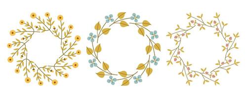 Spring cute flower circle frame set. Floral circle frame. Hand drawn botanical round border, laurel, wreath with branches, leaves and flowers illustration for wedding invitation, card, logo vector