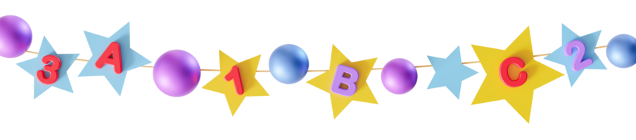 Brightly colored garland displays letters and numbers, ideal for primary school themes. It includes playful shapes that encourage learning through visual engagement. On transparent background. 3D. png