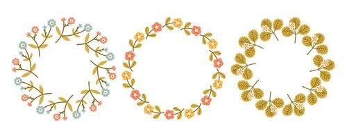 Simple flower circle frame set. Floral circle frame. Hand drawn botanical round border, laurel, wreath with branches, leaves and flowers illustration for wedding invitation, card, logo vector