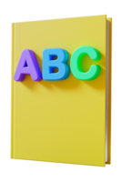 Brightly colored primary school book showcases ABC letters, perfect for young learners to engage with letters and enhance early literacy skills. On transparent background, front view. 3D render. png
